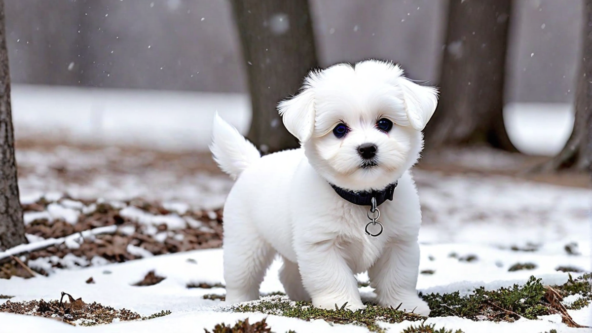 A Bichon Frise Puppy Discovering Snow