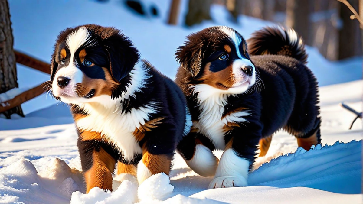 Bernese Mountain Dog Puppies Playing in the Snow