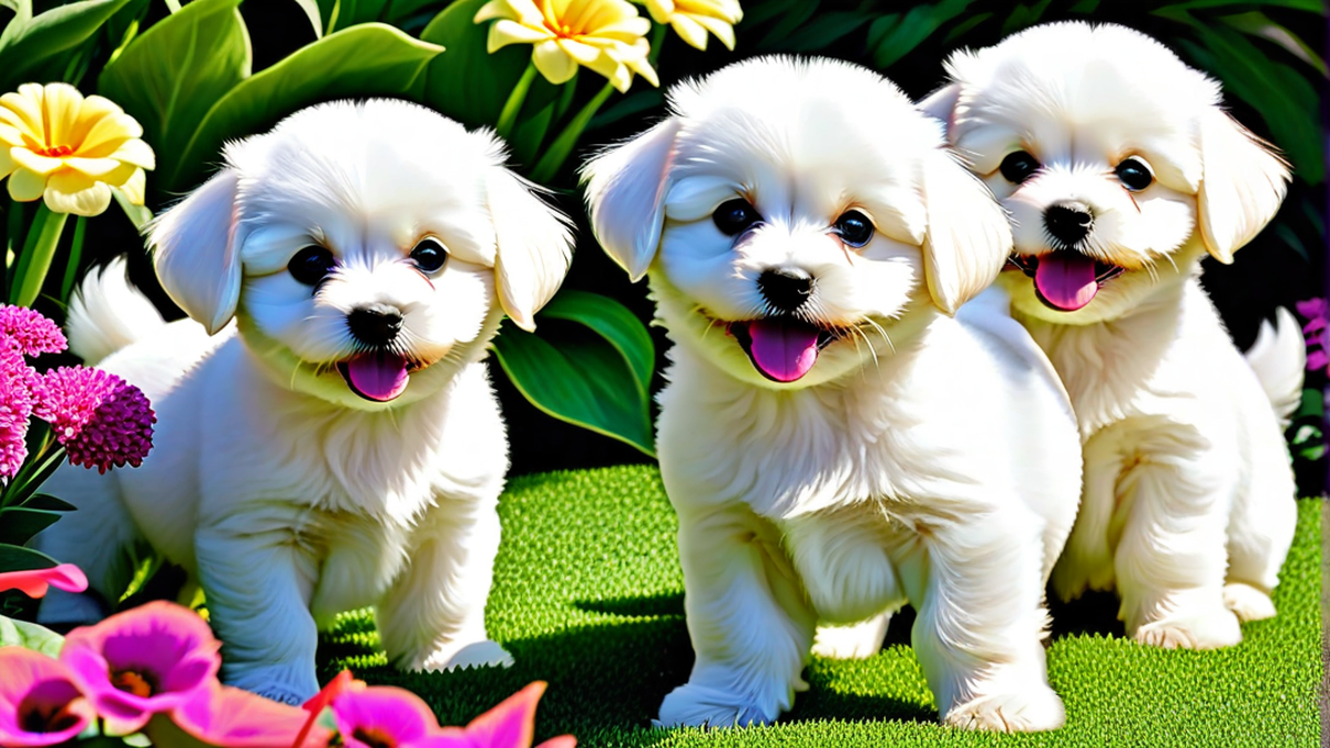 Bichon Frise Puppies Exploring the Garden