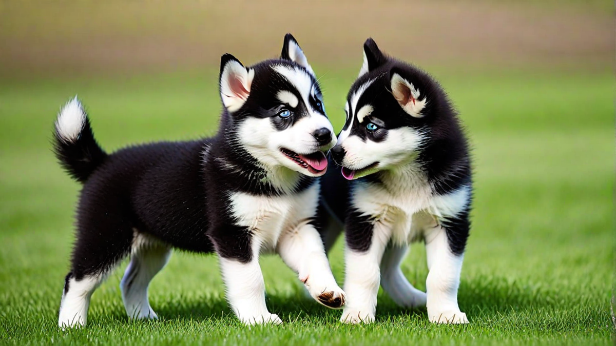 Black and White Siberian Husky Puppies Playing Together