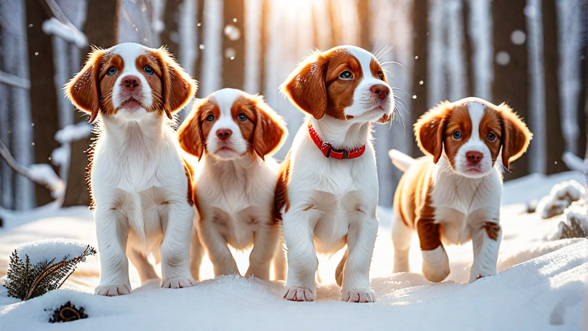 Brittany Spaniel Puppies Enjoying Their First Snow