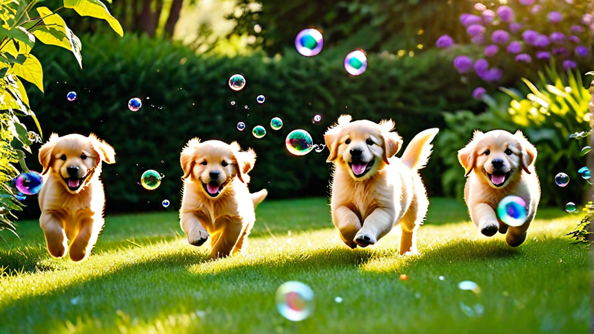 Bubble Blowing: Golden Retriever Puppies Chasing Bubbles