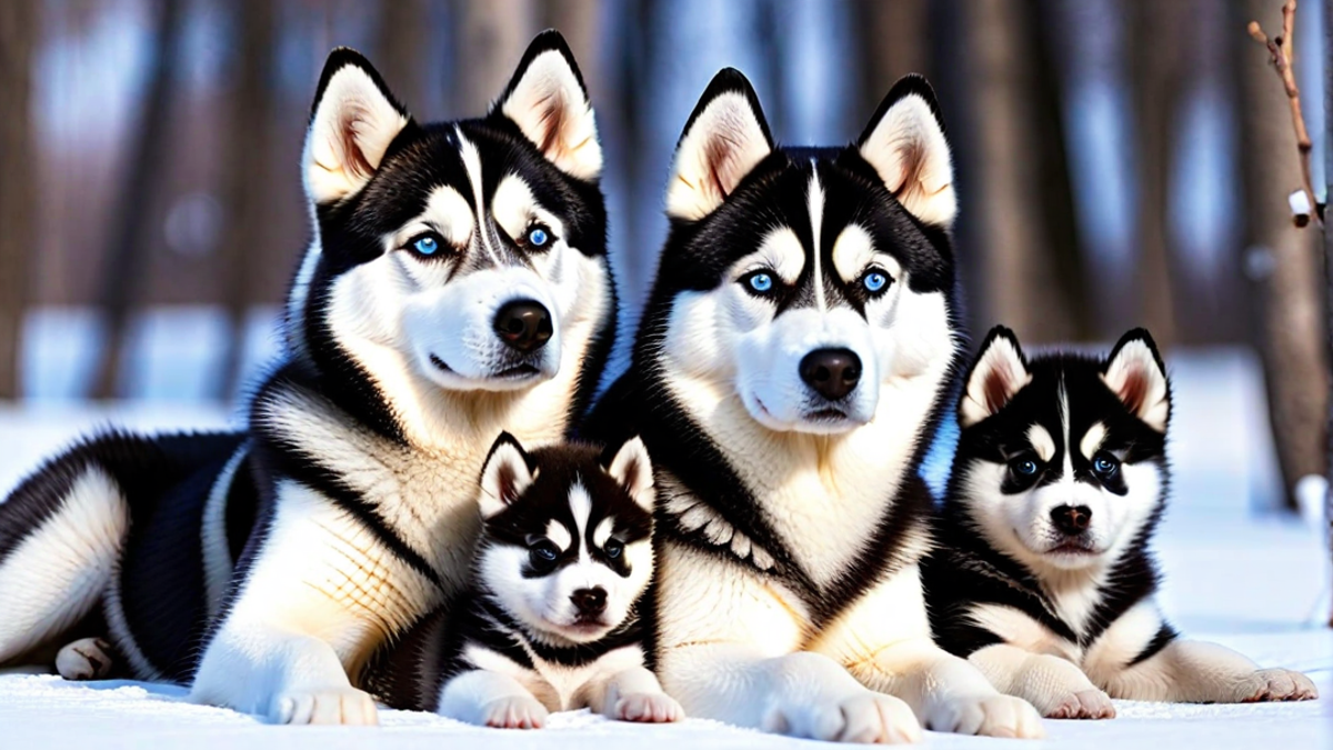 Caring Mother with Her Siberian Husky Puppies