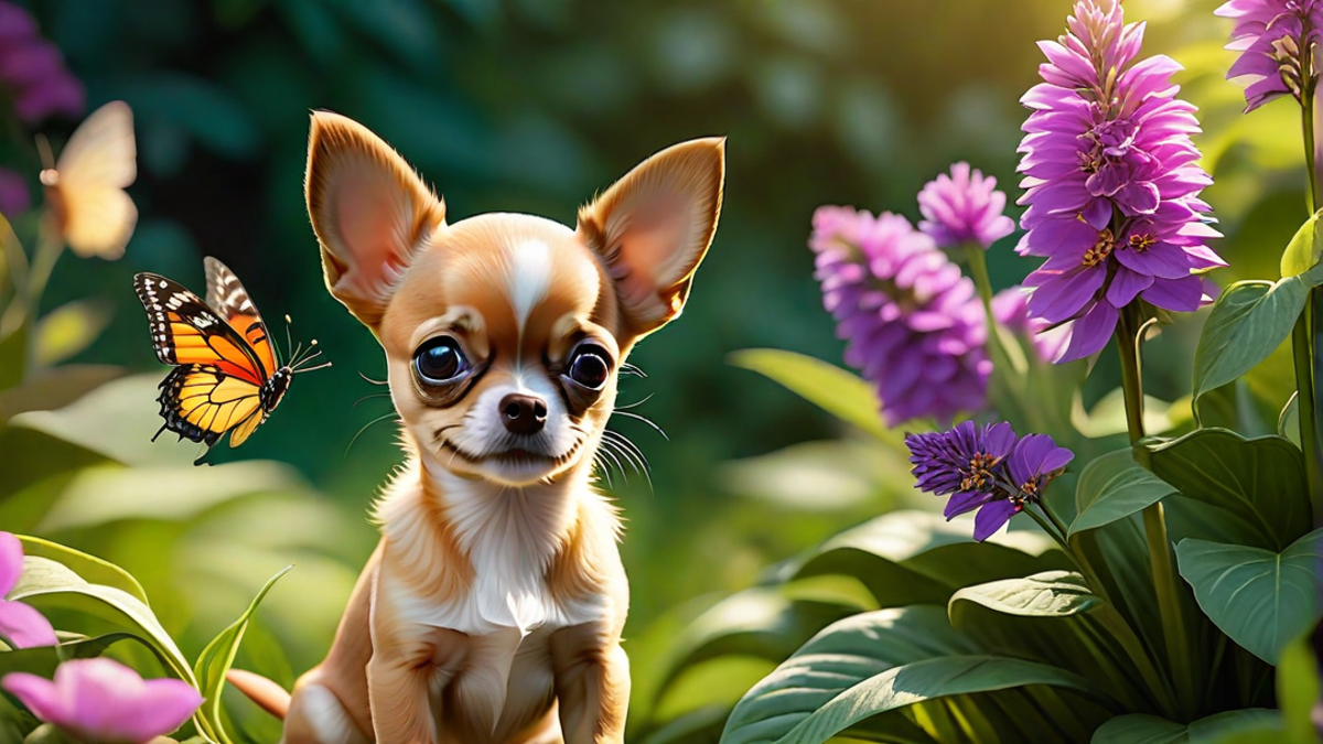 Chihuahua Puppy Being Gentle with a Butterfly