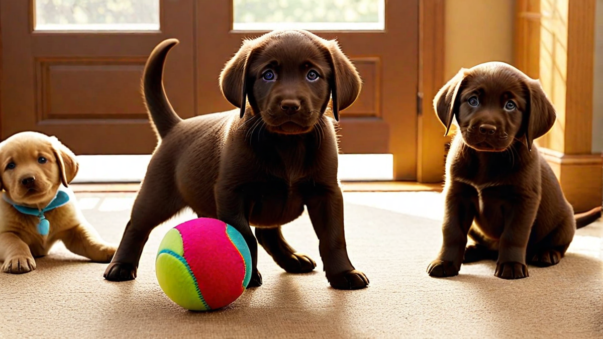 Chocolate Lab Puppies Chewing on Toys