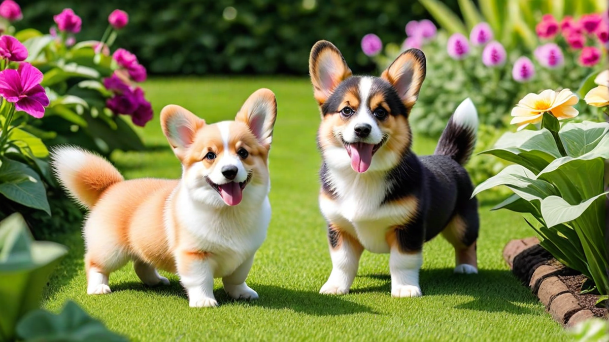 Corgi Puppies Exploring the Garden