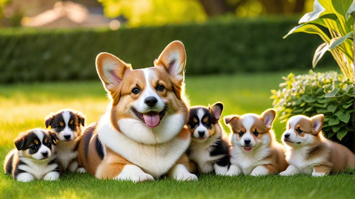 Corgi Puppies with Their Mother