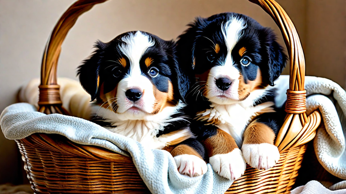 Cuddly Bernese Puppies in a Basket