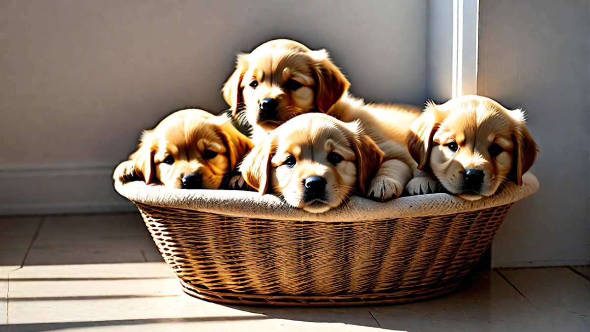 Cuddly Golden Retriever Puppies in a Basket