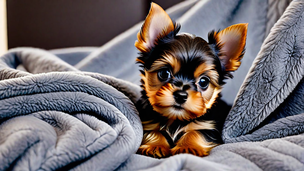 Cuddly Yorkshire Puppy in a Cozy Blanket