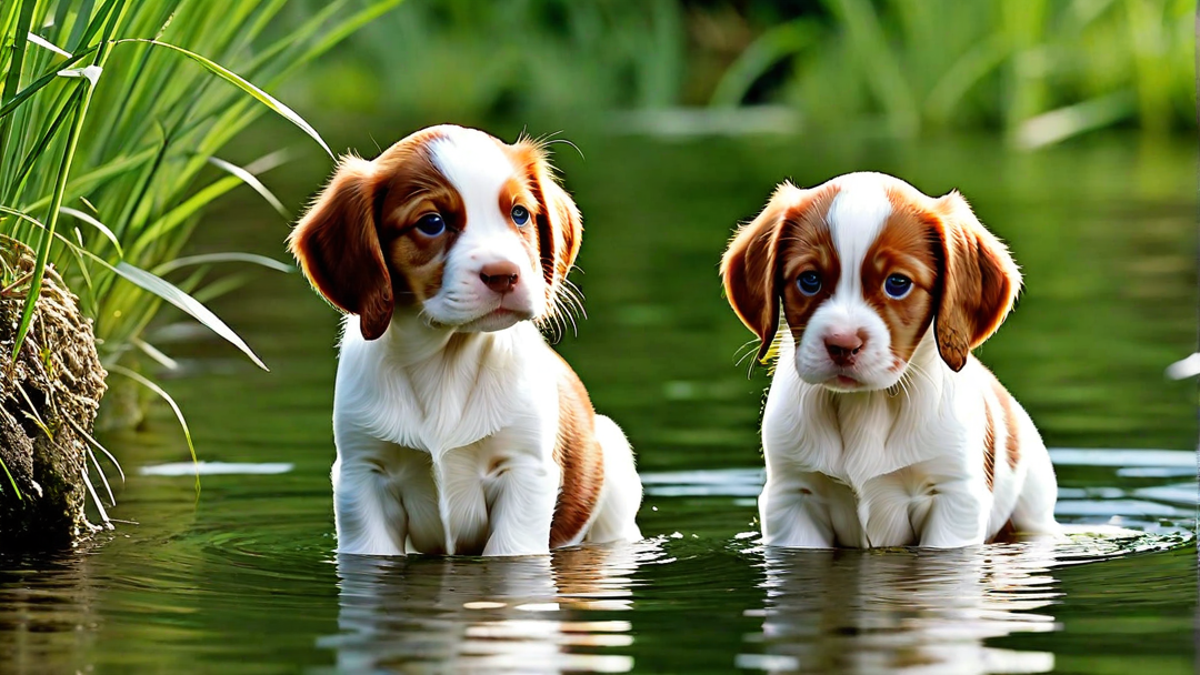 Curious Brittany Puppies and Their Reflections