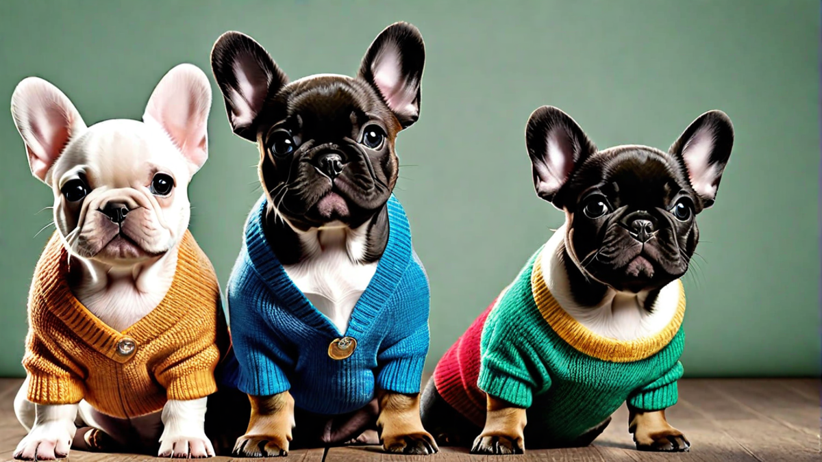 Cute French Bulldog Puppies in a Row Wearing Tiny Sweaters