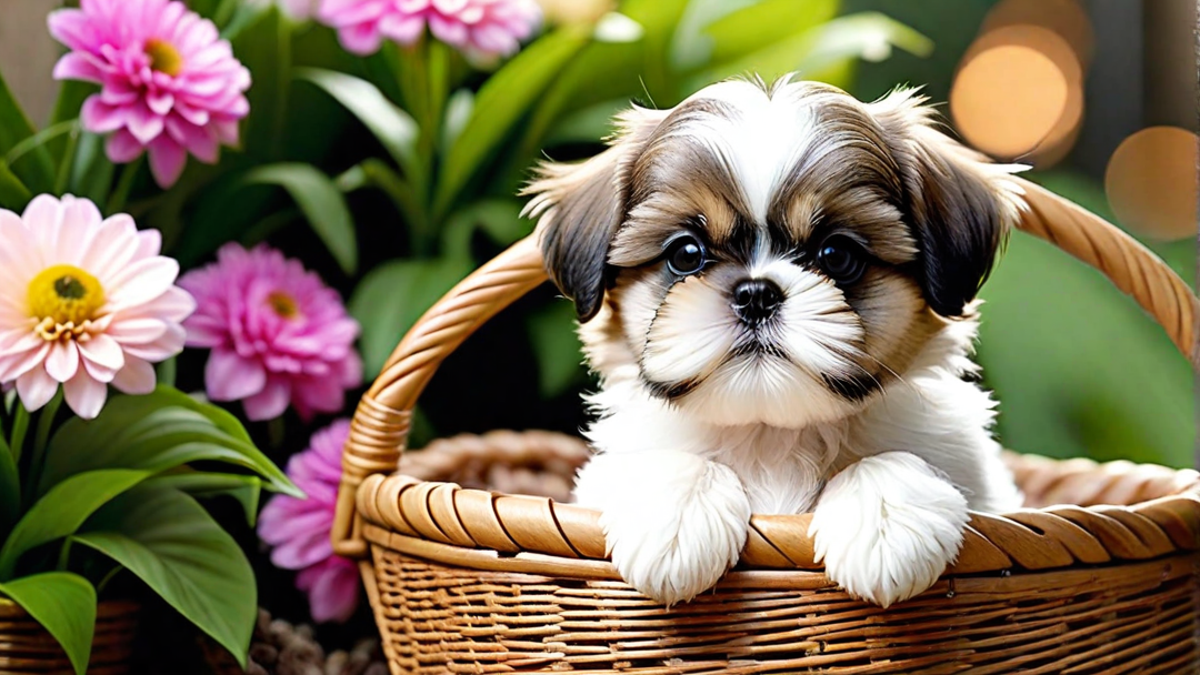 Cute Shih Tzu Puppy in a Basket