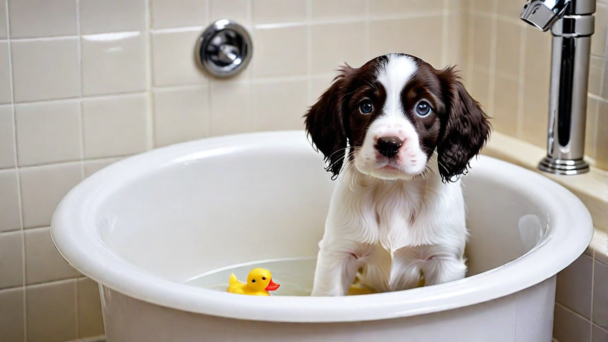 English Springer Spaniel Puppy Taking First Bath