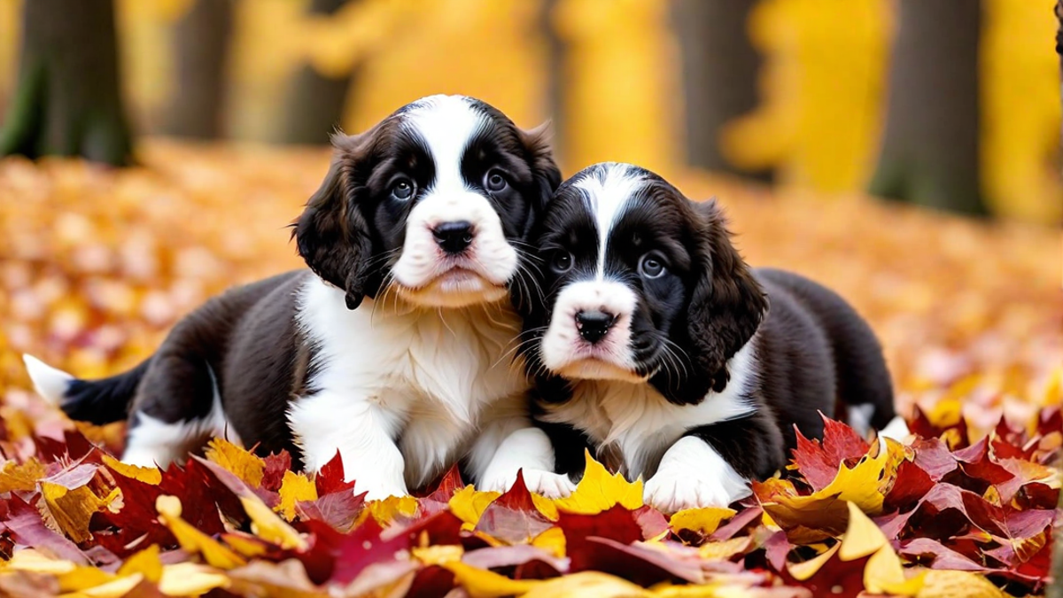 Fluffy English Springer Spaniel Pups Playing in Leaves