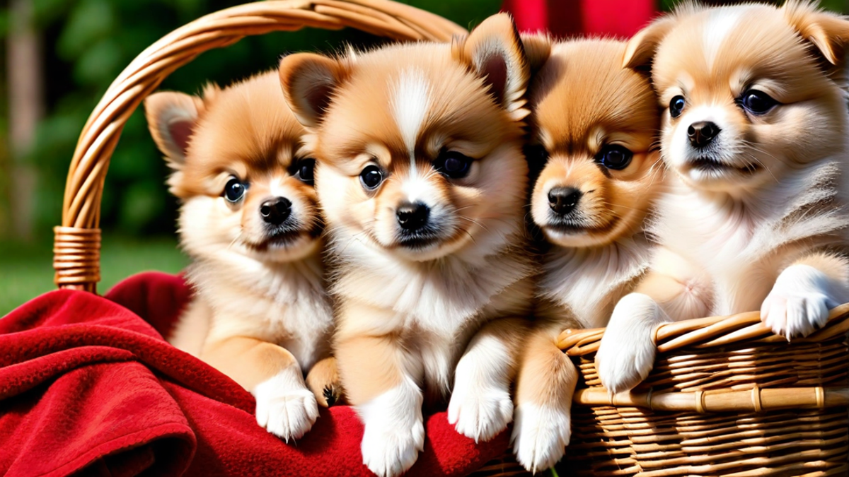 Fluffy Pomeranian Puppies in a Basket