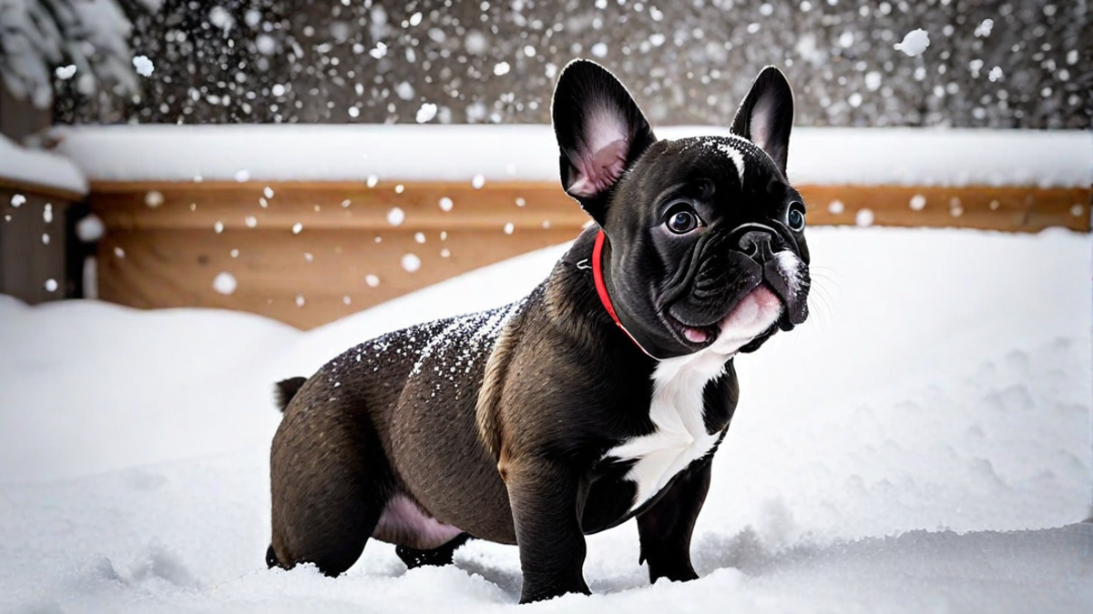 French Bulldog Puppy Enjoying Its First Snow