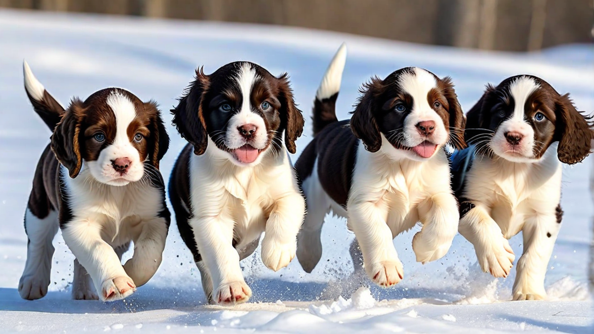 Frolicking English Springer Spaniel Puppies in the Snow