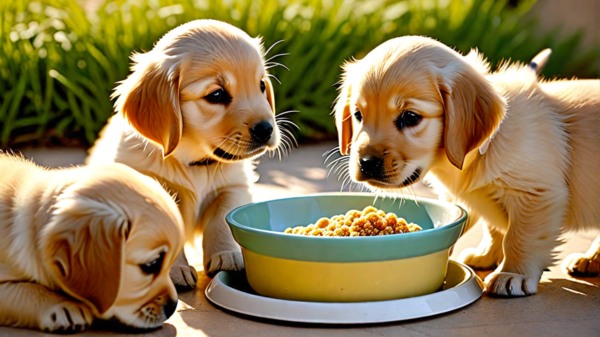 Golden Retriever Puppies Trying Solid Food for the First Time