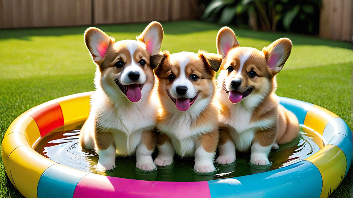 Happy Corgi Puppies in a Kiddie Pool