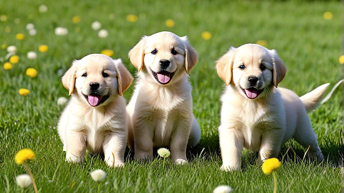 Happy Golden Retriever Puppies Wearing Tiny Collars