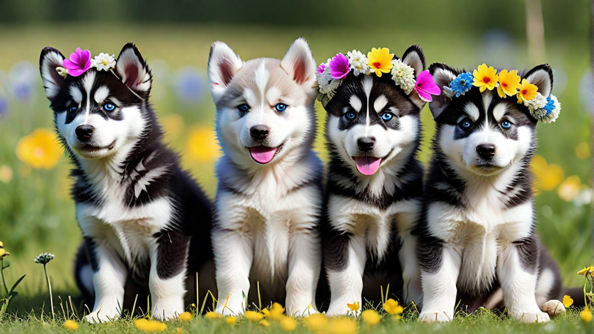 Husky Puppies with Flower Crowns