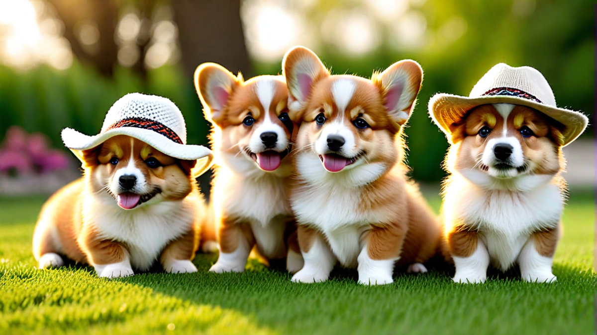 Little Corgi Puppies Wearing Tiny Hats