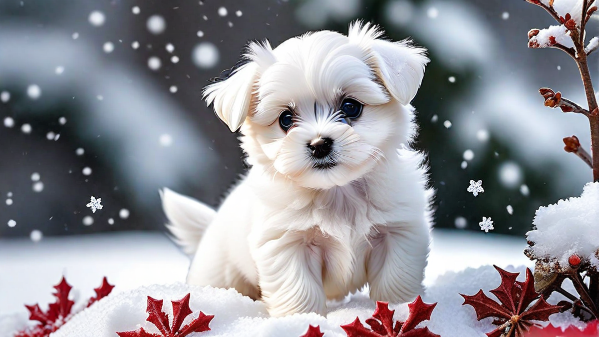 Maltese Puppy Playing in the Snow