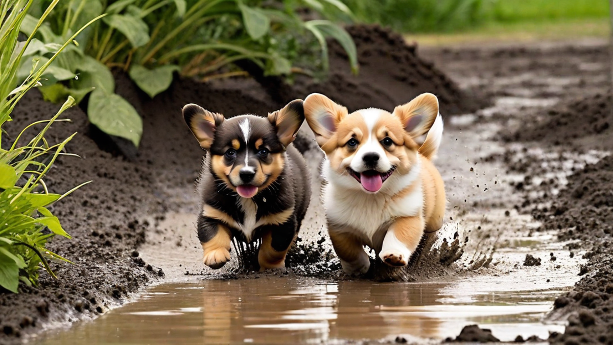 Muddy Corgi Puppies After a Rainy Day Play