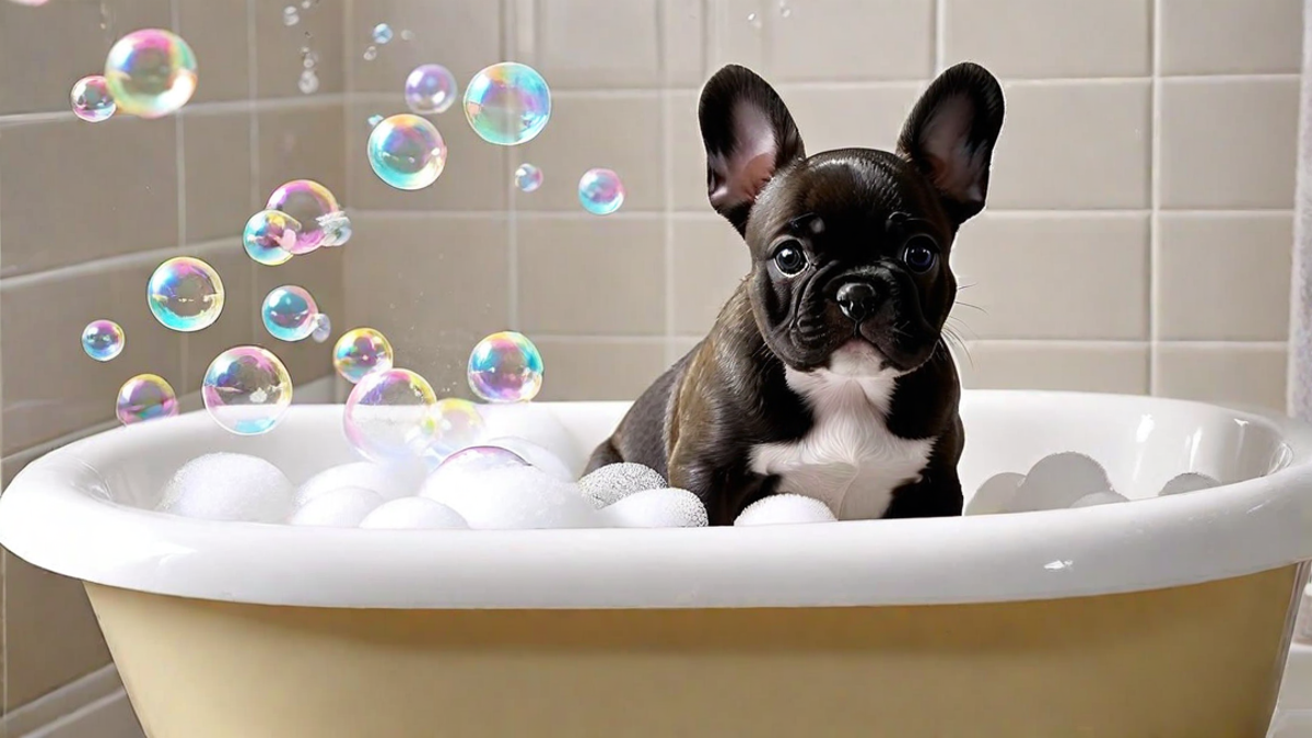 Playful French Bulldog Puppy in a Bubble Bath