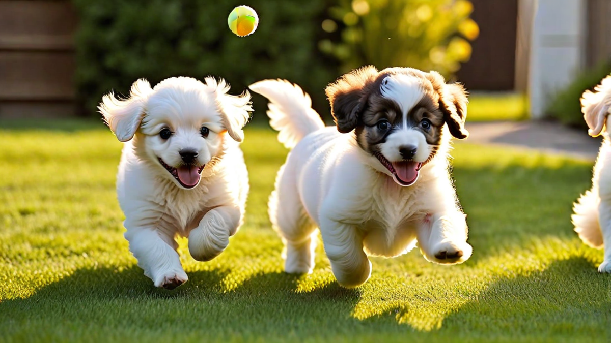 Playful Poodle Puppies Chasing a Ball