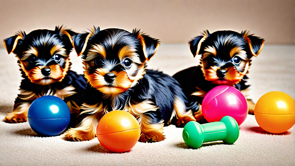 Playful Yorkshire Pups with Their Toys