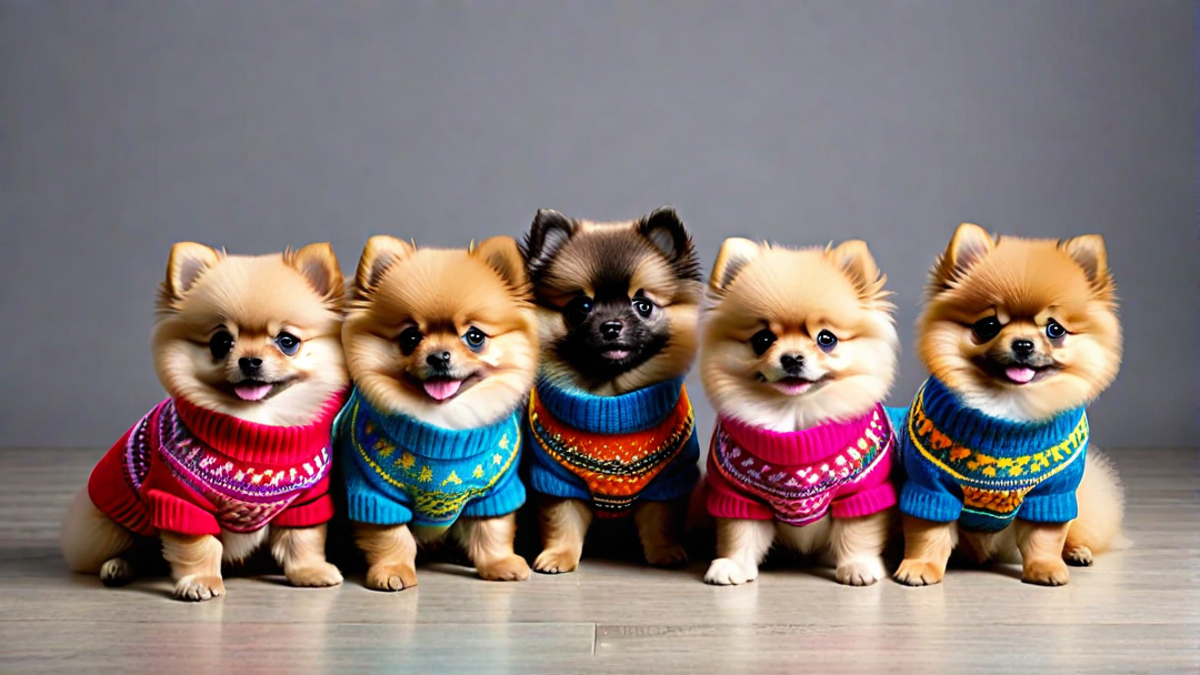 Pomeranian Puppies in Colorful Sweaters