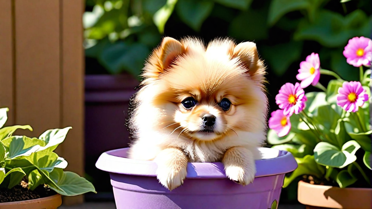 Pomeranian Puppy Sitting in a Flower Pot