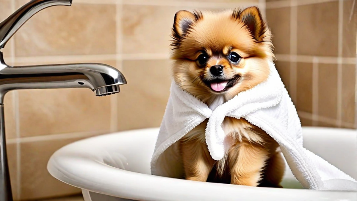 Pomeranian Puppy Taking Its First Bath