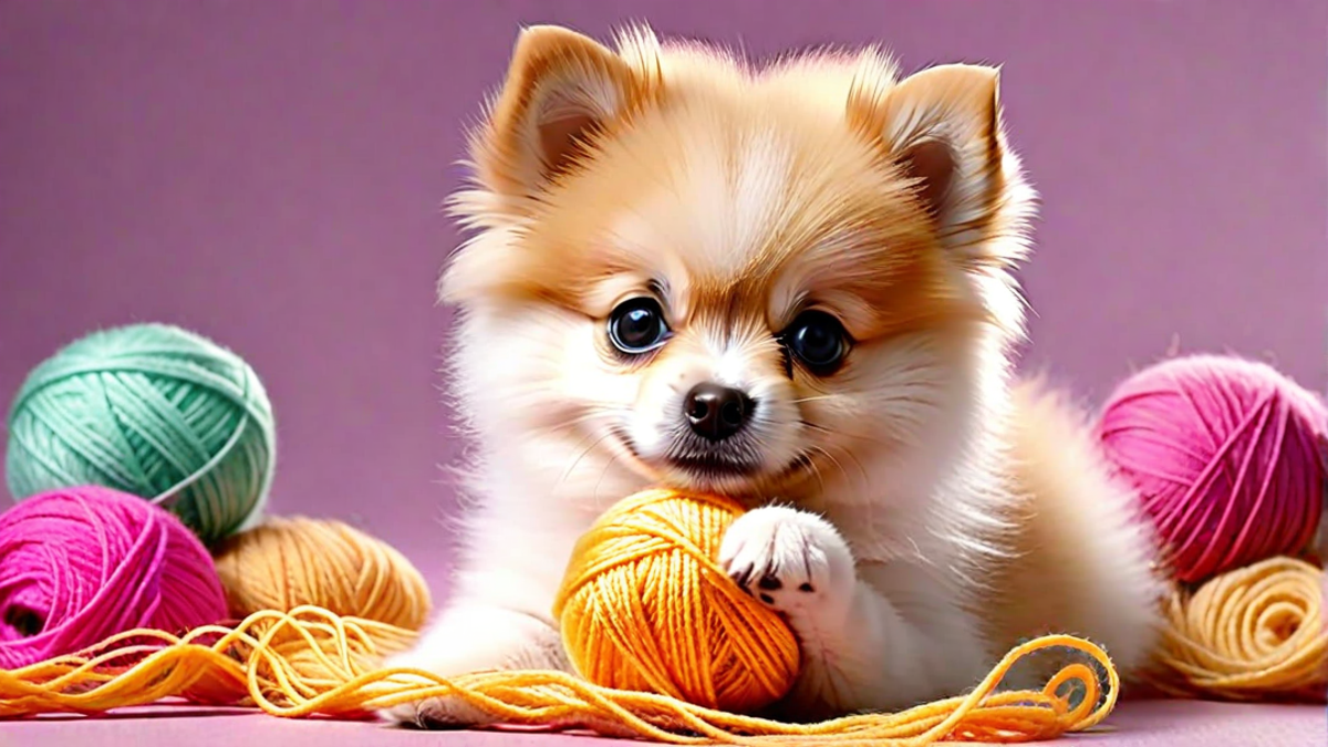 Pomeranian Puppy with a Ball of Yarn