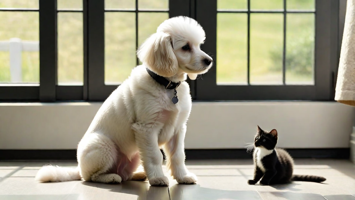 Poodle Puppy Making Friends with a Cat