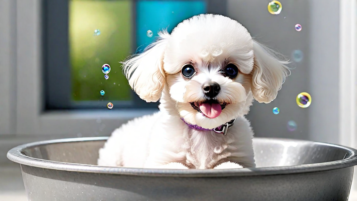 Poodle Puppy Taking Its First Bath