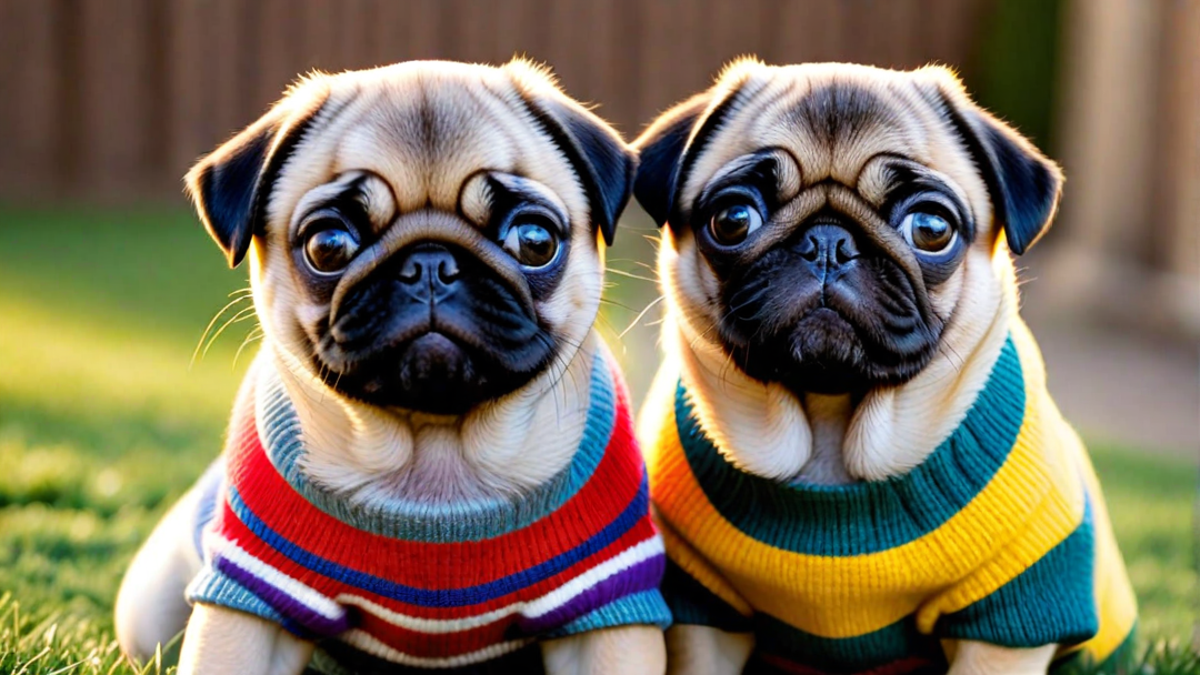 Pug Puppies Dressed in Tiny Sweaters