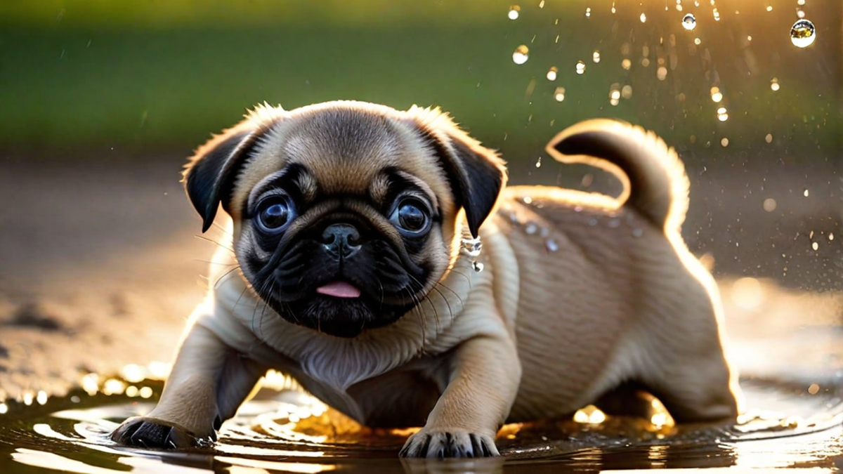 Pug Puppies Playing in a Puddle