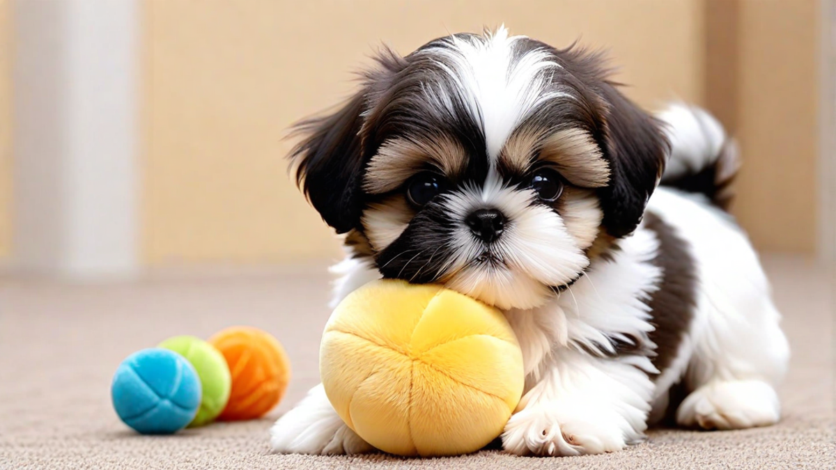 Shih Tzu Puppy Chewing on a Soft Toy