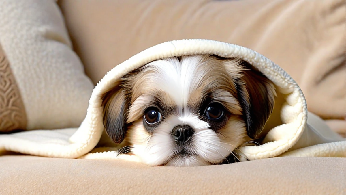 Shih Tzu Puppy Snuggled in a Cozy Blanket