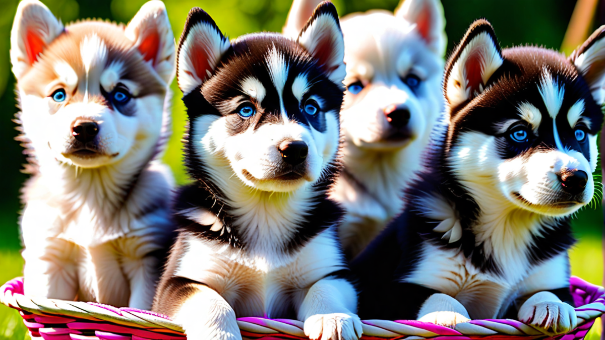 Siberian Husky Puppies in a Colorful Basket