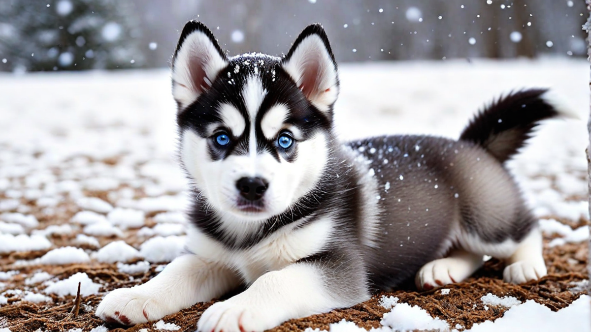 Siberian Husky Puppy Enjoying its First Snowfall