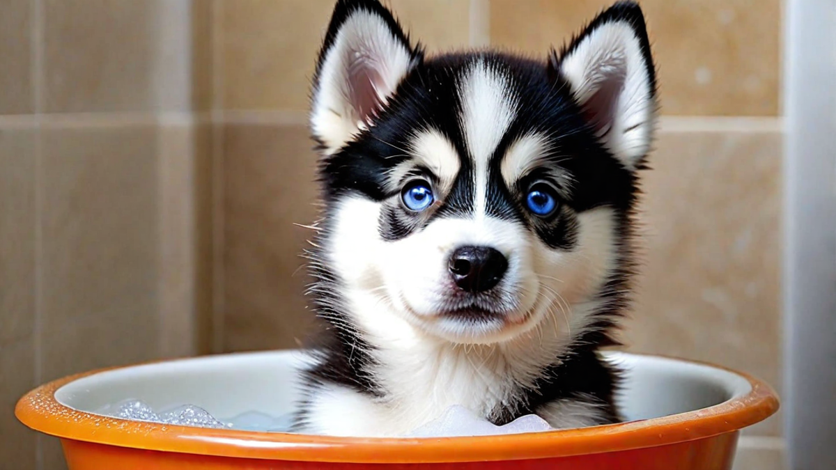 Siberian Husky Puppy’s First Bath