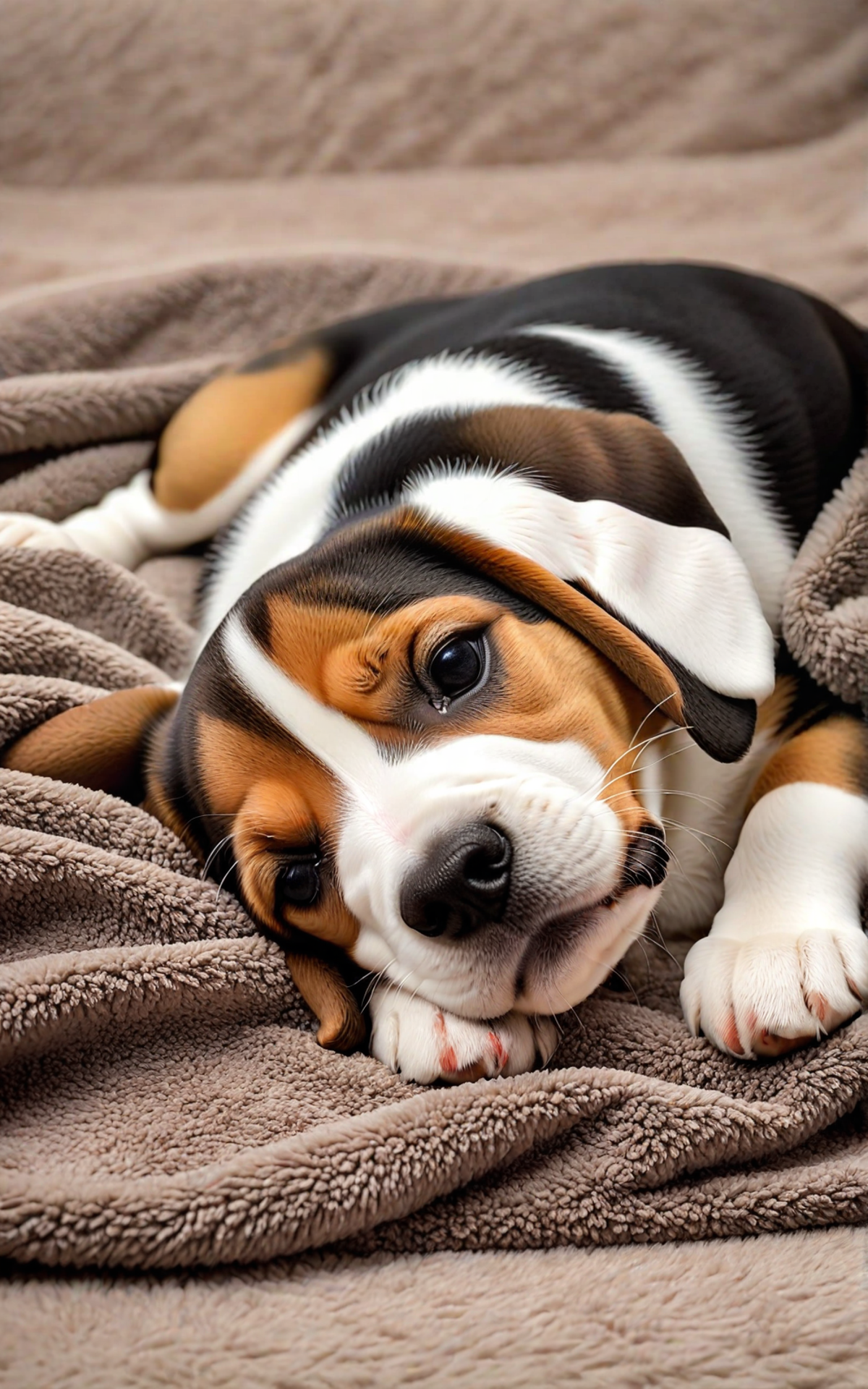 Sleeping Beagle Puppy Hugging its Toy