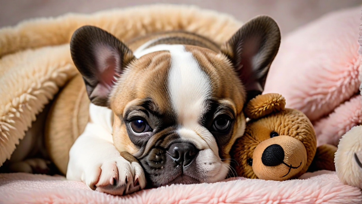 Sleeping French Bulldog Puppy with a Teddy Bear