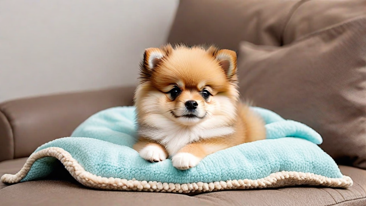 Sleeping Pomeranian Puppy in a Cozy Bed