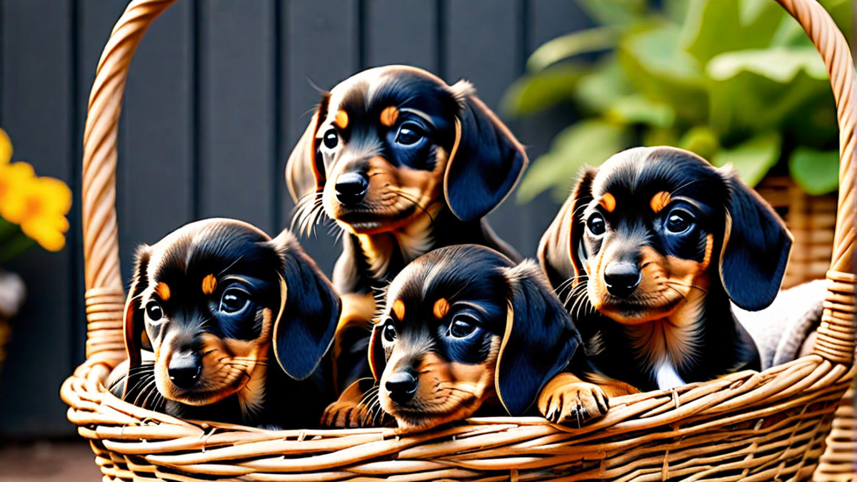 Tiny Dachshund Puppies in a Basket