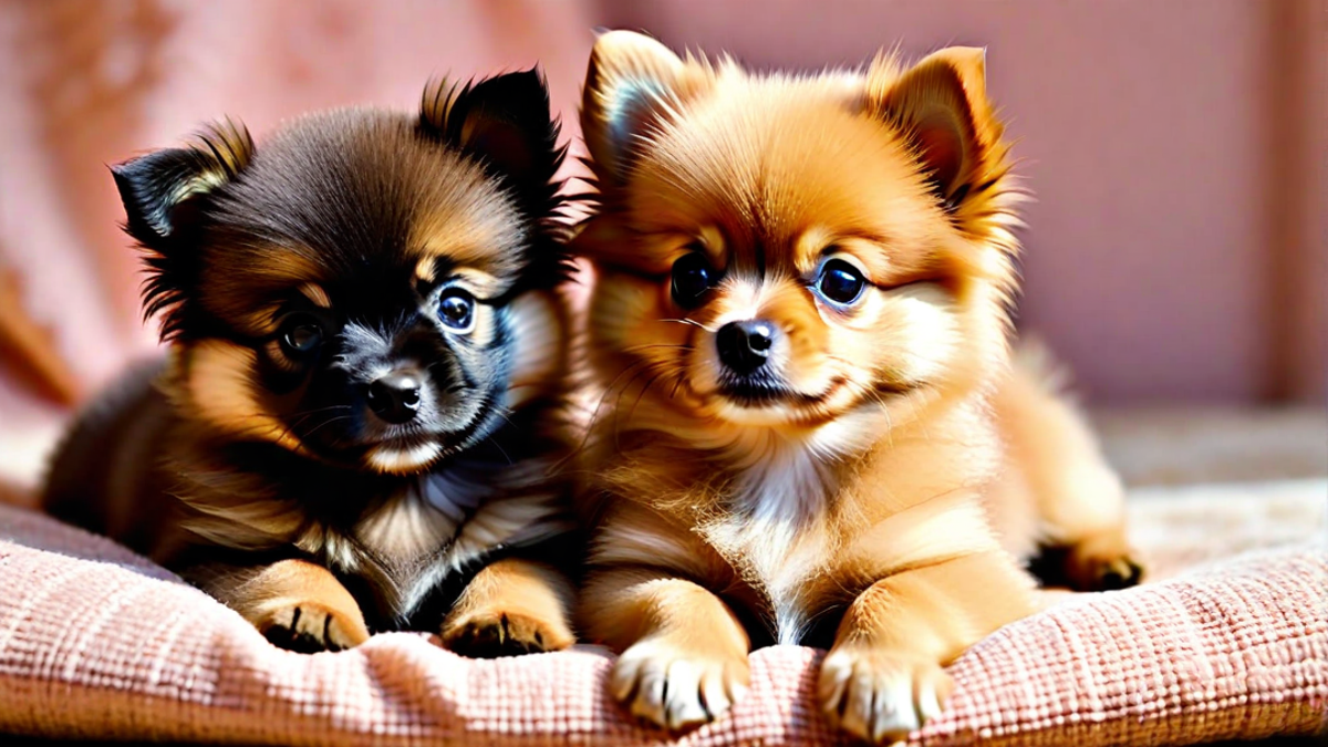 Two Pomeranian Puppies Snuggling Together